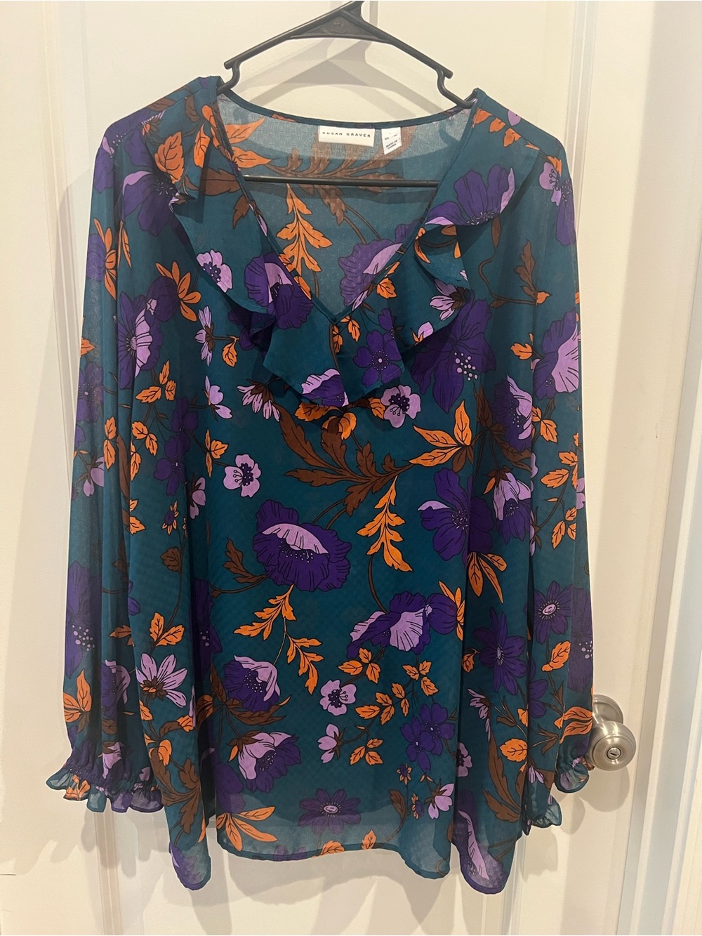 Susan Graver Floral Ruffle-Neck Blouse with Purple & Orange Accents Size XL